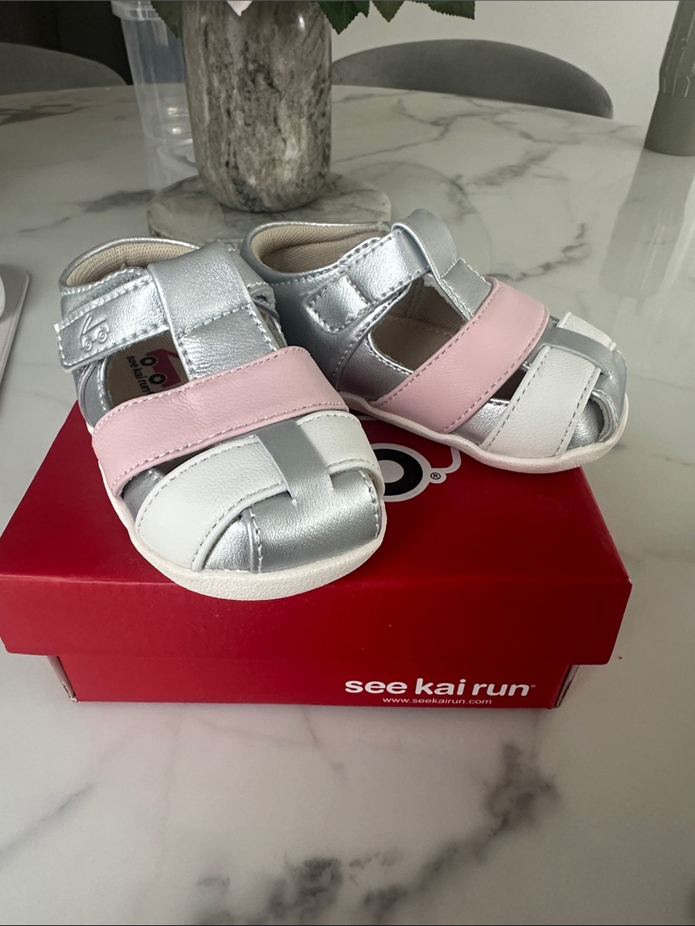 See Kai Run Silver Pink White Leather Toddler Sandals